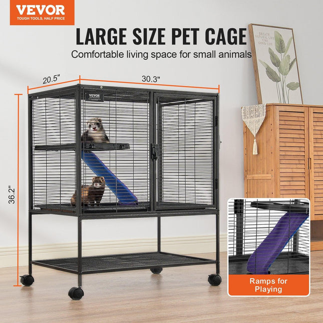 36" Metal Small Animal Cage 2-Tier Rolling Ferret Cage with Tray A Ramp.