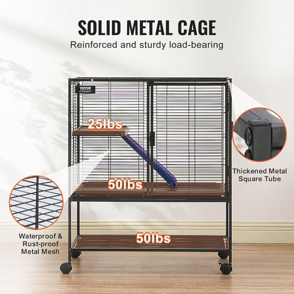 36" Metal Small Animal Cage 2-Tier Rolling Ferret Cage with Tray A Ramp.