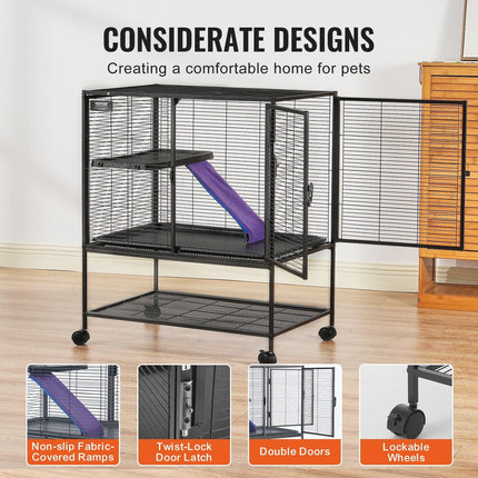 36" Metal Small Animal Cage 2-Tier Rolling Ferret Cage with Tray A Ramp.