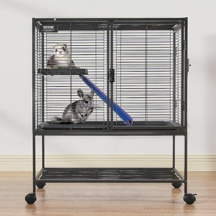 36" Metal Small Animal Cage 2-Tier Rolling Ferret Cage with Tray A Ramp.