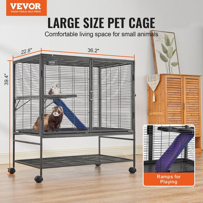 39" Metal Small Animal Cage 2-Tier Rolling Ferret Cage with Tray A Ramp.