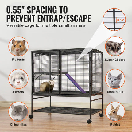 39" Metal Small Animal Cage 2-Tier Rolling Ferret Cage with Tray A Ramp.