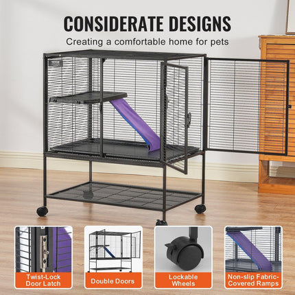 39" Metal Small Animal Cage 2-Tier Rolling Ferret Cage with Tray A Ramp.