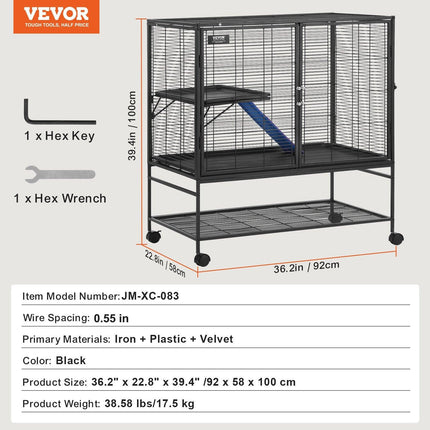 39" Metal Small Animal Cage 2-Tier Rolling Ferret Cage with Tray A Ramp.