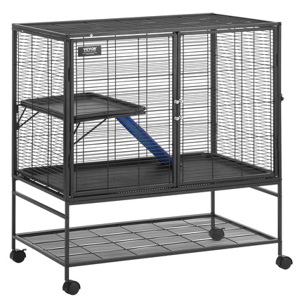 39" Metal Small Animal Cage 2-Tier Rolling Ferret Cage with Tray A Ramp.