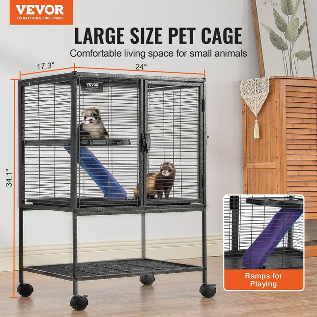 34" Metal Small Animal Cage 2-Tier Rolling Ferret Cage with Tray A Ramp.