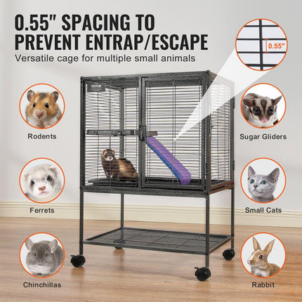 34" Metal Small Animal Cage 2-Tier Rolling Ferret Cage with Tray A Ramp.