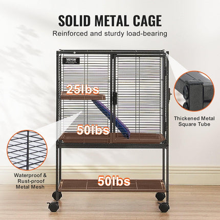 34" Metal Small Animal Cage 2-Tier Rolling Ferret Cage with Tray A Ramp.