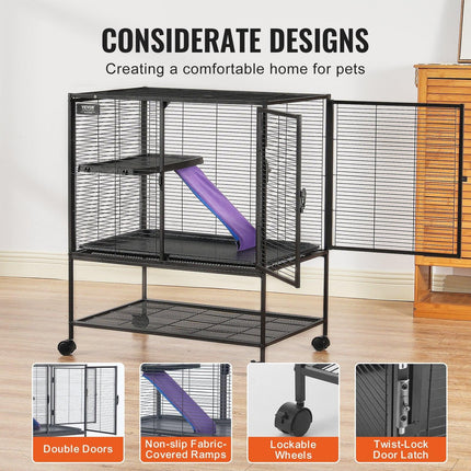 34" Metal Small Animal Cage 2-Tier Rolling Ferret Cage with Tray A Ramp.