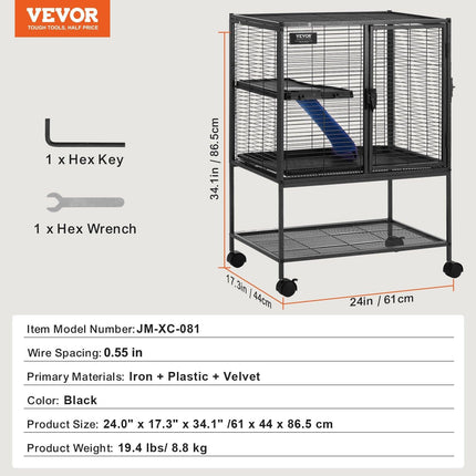 34" Metal Small Animal Cage 2-Tier Rolling Ferret Cage with Tray A Ramp.