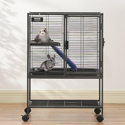 34" Metal Small Animal Cage 2-Tier Rolling Ferret Cage with Tray A Ramp.
