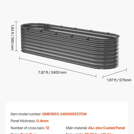 Metal Raised Garden Bed, 8 x 2 x 2 ft Outdoor Galvanized Planter Box, with Open Bottom, Large Oval Planter Raised Bed for Gardening Vegetables, Flowers, Herbs, and Succulent Plants, Dark Gray.