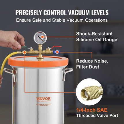 5 Gallon Vacuum Chamber, Upgraded Tempered Glass Lid Vacuum Degassing Chamber, 304 Stainless Steel Chamber, for Stabilizing Wood, Resin Degassing, Silicone Degassing and Plaster Degassing.