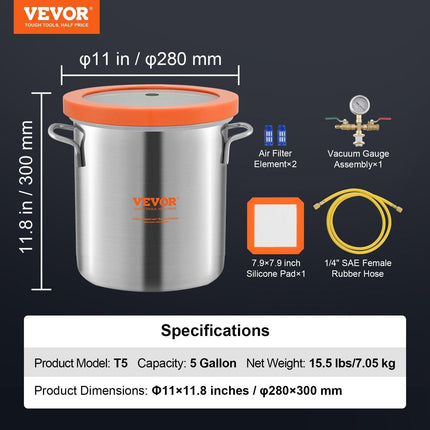 5 Gallon Vacuum Chamber, Upgraded Tempered Glass Lid Vacuum Degassing Chamber, 304 Stainless Steel Chamber, for Stabilizing Wood, Resin Degassing, Silicone Degassing and Plaster Degassing.