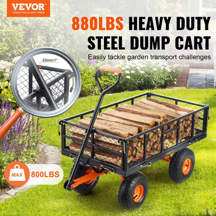 Dump Cart, Metal Garden Dump Cart with Easy to Assemble Frame, Dump Wagon with 2-in-1 Convertible Handle, Utility Wheelbarrow 399kg Capacity, 25.4cm Tires.