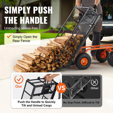Dump Cart, Metal Garden Dump Cart with Easy to Assemble Frame, Dump Wagon with 2-in-1 Convertible Handle, Utility Wheelbarrow 399kg Capacity, 25.4cm Tires.