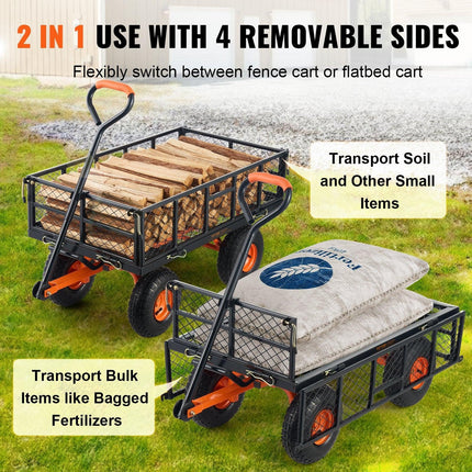 Dump Cart, Metal Garden Dump Cart with Easy to Assemble Frame, Dump Wagon with 2-in-1 Convertible Handle, Utility Wheelbarrow 399kg Capacity, 25.4cm Tires.