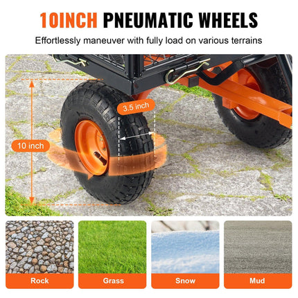 Dump Cart, Metal Garden Dump Cart with Easy to Assemble Frame, Dump Wagon with 2-in-1 Convertible Handle, Utility Wheelbarrow 399kg Capacity, 25.4cm Tires.