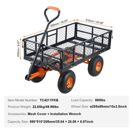 Dump Cart, Metal Garden Dump Cart with Easy to Assemble Frame, Dump Wagon with 2-in-1 Convertible Handle, Utility Wheelbarrow 399kg Capacity, 25.4cm Tires.