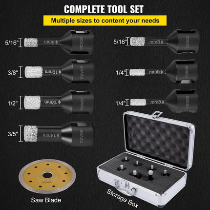 Diamond Drill Bits 7PCS Diamond Hole Saw 6/6/8/8/10/12/14mm Tile Hole Saw Kit Vacuum Brazed Diamond Drill Bit 0.59in/15mm Segment Tile Hole Saw w Storage Case for Tile Ceramic Porcelain Marble.
