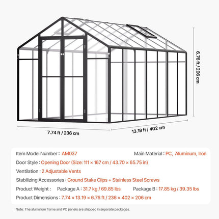 Polycarbonate Greenhouse 8 x 14 Ft Outdoor Walk-in Greenhouse for Garden.