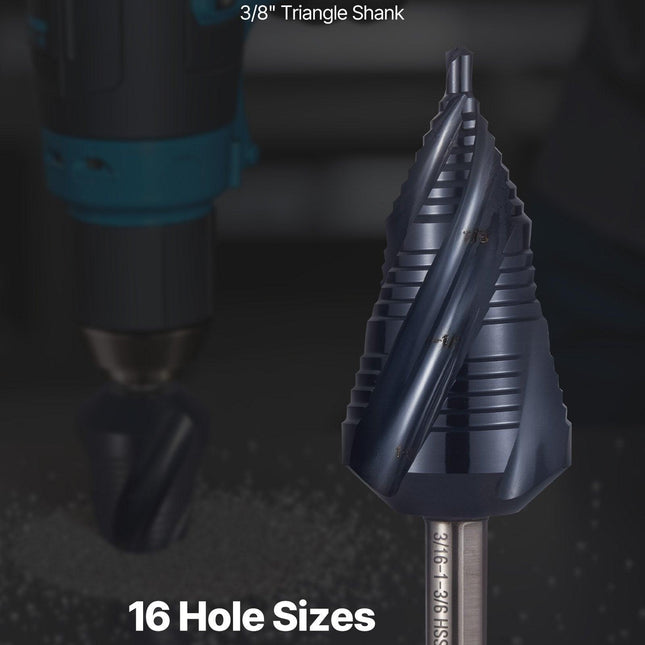 Step Drill Bit, 4.76 to 34.93 mm, 9.53 mm Triangular Shank, TiAlN Coating Cobalt High Speed Steel, Four Spiral Flute Step Bit for Metal, Stainless Steel, Aluminum, Wood, Plastic, Fiberglass.