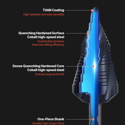 Step Drill Bit, 4.76 to 34.93 mm, 9.53 mm Triangular Shank, TiAlN Coating Cobalt High Speed Steel, Four Spiral Flute Step Bit for Metal, Stainless Steel, Aluminum, Wood, Plastic, Fiberglass.