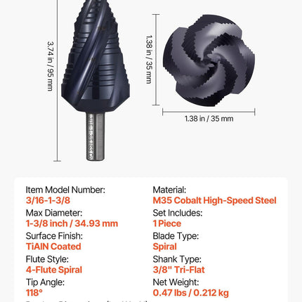 Step Drill Bit, 4.76 to 34.93 mm, 9.53 mm Triangular Shank, TiAlN Coating Cobalt High Speed Steel, Four Spiral Flute Step Bit for Metal, Stainless Steel, Aluminum, Wood, Plastic, Fiberglass.