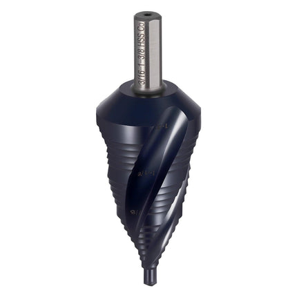 Step Drill Bit, 4.76 to 34.93 mm, 9.53 mm Triangular Shank, TiAlN Coating Cobalt High Speed Steel, Four Spiral Flute Step Bit for Metal, Stainless Steel, Aluminum, Wood, Plastic, Fiberglass.