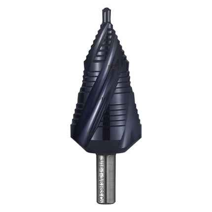 Step Drill Bit, 4.76 to 34.93 mm, 9.53 mm Triangular Shank, TiAlN Coating Cobalt High Speed Steel, Four Spiral Flute Step Bit for Metal, Stainless Steel, Aluminum, Wood, Plastic, Fiberglass.