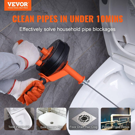 VEVOR Drain Auger 25ft 1/4in Drum Plumbing Drain Snake Clog Remover Manual-feed.