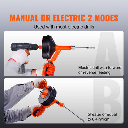VEVOR Drain Auger 25ft 1/4in Drum Plumbing Drain Snake Clog Remover Manual-feed.