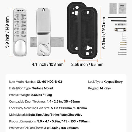 Mechanical Keyless Entry Door Lock, 14 Key Mechanical Door Lock, Mechanical Keypad Door Lock with Adjustable Thumb Knob, Single-Side Zinc Alloy Waterproof Keyless Gate Lock, for Home Office.