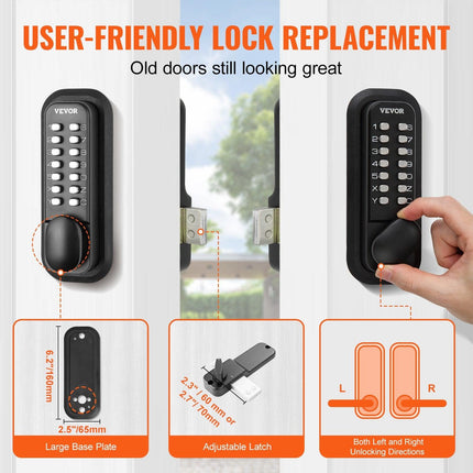 Mechanical Keyless Entry Door Lock, 14 Digit Keypad, Water-proof Zinc Alloy, Outdoor Gate Door Locks Set with Surface-mounted Latch, Keypad and Knob, Easy to Install, for Garden, Garage, Yard.