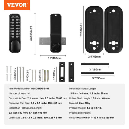 Mechanical Keyless Entry Door Lock, 14 Digit Keypad, Water-proof Zinc Alloy, Outdoor Gate Door Locks Set with Surface-mounted Latch, Keypad and Knob, Easy to Install, for Garden, Garage, Yard.