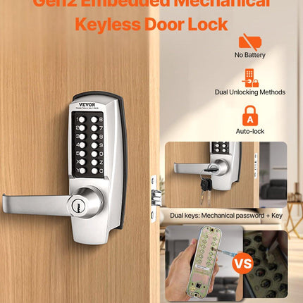 Mechanical Keyless Entry Door Lock, 14 Key Mechanical Door Lock with Keys, Mechanical Keypad Door Lock with Handle, Stainless Steel Waterproof Keyless Gate Lock, for Home Office Outdoor Garage.