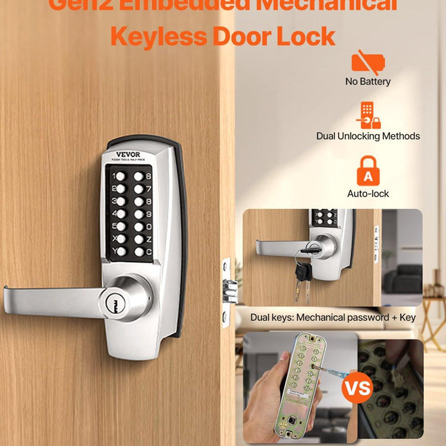 Mechanical Keyless Entry Door Lock, 14 Key Mechanical Door Lock with Keys, Mechanical Keypad Door Lock with Handle, Stainless Steel Waterproof Keyless Gate Lock, for Home Office Outdoor Garage.
