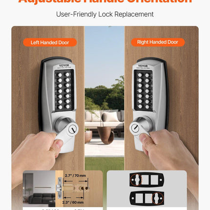Mechanical Keyless Entry Door Lock, 14 Key Mechanical Door Lock with Keys, Mechanical Keypad Door Lock with Handle, Stainless Steel Waterproof Keyless Gate Lock, for Home Office Outdoor Garage.