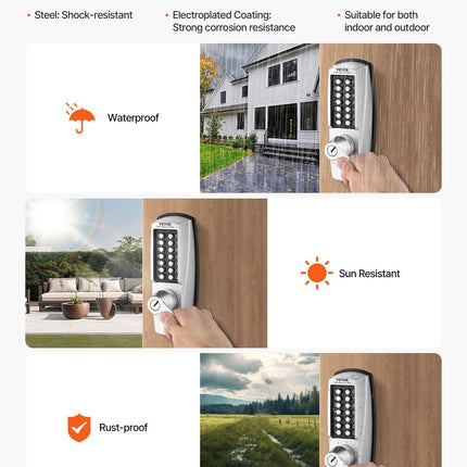Mechanical Keyless Entry Door Lock, 14 Key Mechanical Door Lock with Keys, Mechanical Keypad Door Lock with Handle, Stainless Steel Waterproof Keyless Gate Lock, for Home Office Outdoor Garage.