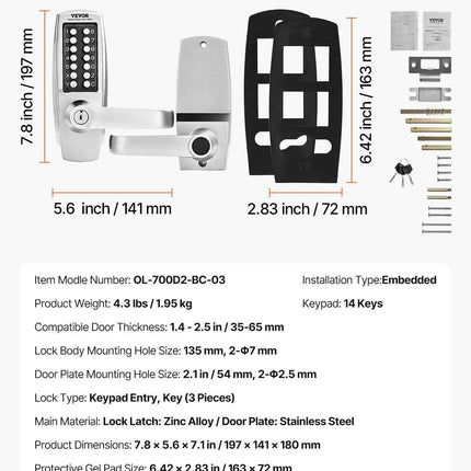 Mechanical Keyless Entry Door Lock, 14 Key Mechanical Door Lock with Keys, Mechanical Keypad Door Lock with Handle, Stainless Steel Waterproof Keyless Gate Lock, for Home Office Outdoor Garage.