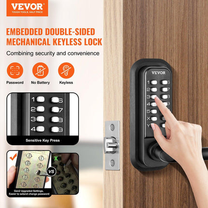Mechanical Keyless Entry Door Lock, 14 Digit Keypad, Water-proof Zinc Alloy, Double-sided Embedded Outdoor Gate Door Locks Set with Keypad and Handle, Easy to Install, for Garden, Garage, Yard.