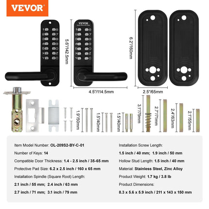 Mechanical Keyless Entry Door Lock, 14 Digit Keypad, Water-proof Zinc Alloy, Double-sided Embedded Outdoor Gate Door Locks Set with Keypad and Handle, Easy to Install, for Garden, Garage, Yard.