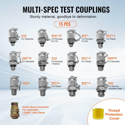 Hydraulic Pressure Test Kit, 10/100/250/400/600bar, 5 Gauges 13 Couplings 14 Tee Connectors 5 Test Hoses, Excavator Hydraulic Test Gauge Set with Carrying Case for Excavator Tractors Machinery.