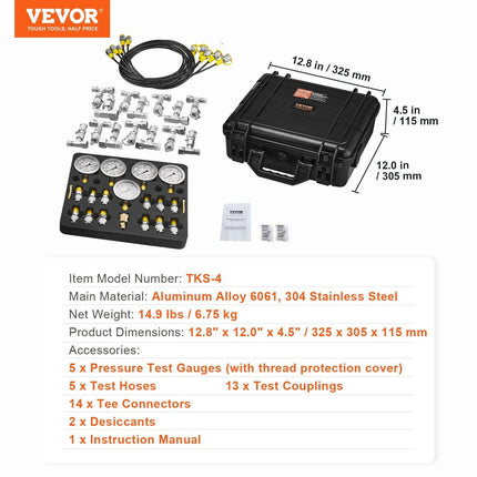 Hydraulic Pressure Test Kit, 10/100/250/400/600bar, 5 Gauges 13 Couplings 14 Tee Connectors 5 Test Hoses, Excavator Hydraulic Test Gauge Set with Carrying Case for Excavator Tractors Machinery.