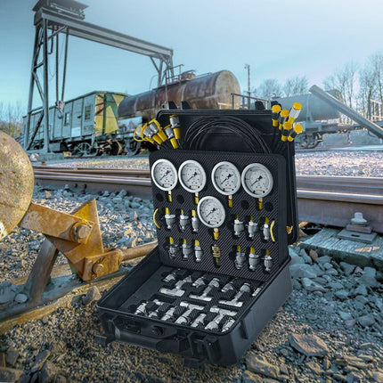 Hydraulic Pressure Test Kit, 10/100/250/400/600bar, 5 Gauges 13 Couplings 14 Tee Connectors 5 Test Hoses, Excavator Hydraulic Test Gauge Set with Carrying Case for Excavator Tractors Machinery.