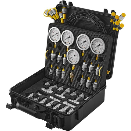 Hydraulic Pressure Test Kit, 10/100/250/400/600bar, 5 Gauges 13 Couplings 14 Tee Connectors 5 Test Hoses, Excavator Hydraulic Test Gauge Set with Carrying Case for Excavator Tractors Machinery.