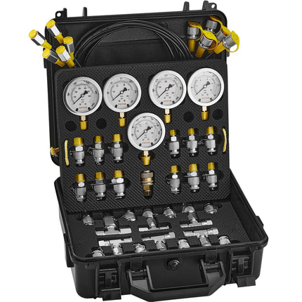 Hydraulic Pressure Test Kit, 10/100/250/400/600bar, 5 Gauges 13 Couplings 14 Tee Connectors 5 Test Hoses, Excavator Hydraulic Test Gauge Set with Carrying Case for Excavator Tractors Machinery.