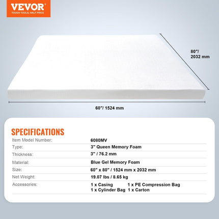Mattress Topper Memory Foam Detachable & Washable Queen 76.2 mm Thickness.