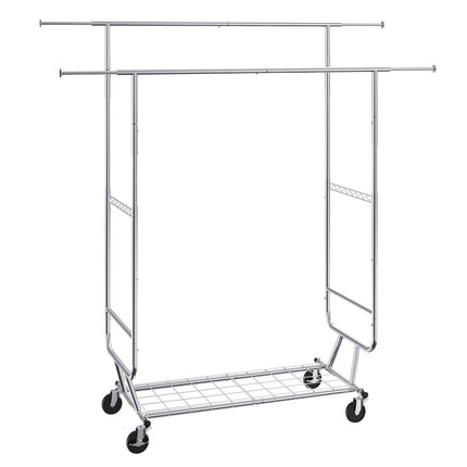 Heavy Duty Clothes Rack, Double Hanging Rod Clothing Garment Rack for Hanging Clothes, Adjustable Height and Extendable Length Clothing Rack with Bottom Storage Area, 272 KG Load Capacity.