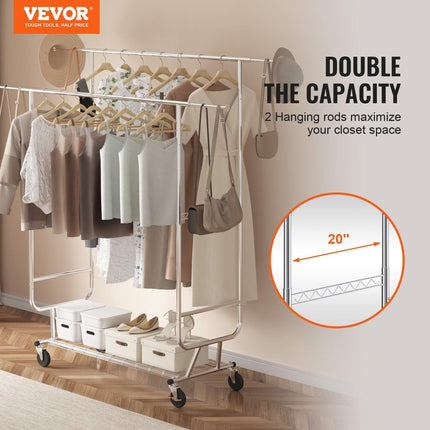Heavy Duty Clothes Rack, Double Hanging Rod Clothing Garment Rack for Hanging Clothes, Adjustable Height and Extendable Length Clothing Rack with Bottom Storage Area, 272 KG Load Capacity.